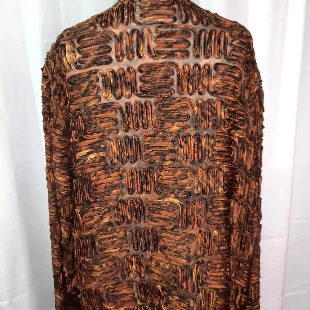 Chicos Silk Soutache Ribbon Jacket Brown Gold Open Front Cardigan Textured Sz L